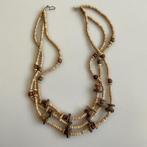 BOHO WOOD BEAD TRIPPLE STRAND NECKLACE